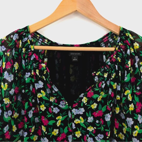 Ann Taylor Floral Balloon Sleeve Top XL Smocked Black Pink Chiffon Feminine - Picture 4 of 15